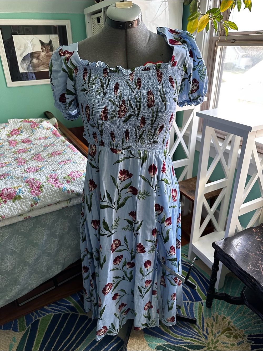 Alexia Admor Light Blue Floral Smocked Midi Dress with Red Tulip Print